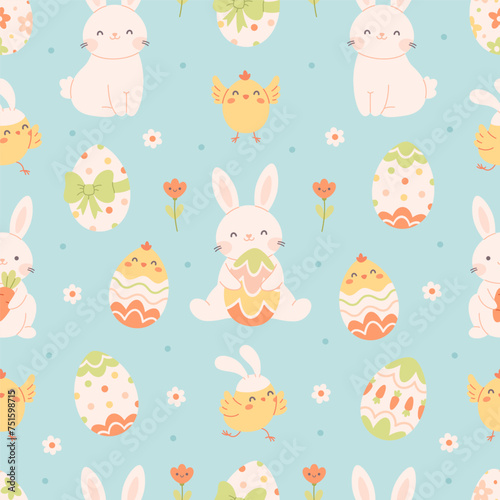 Easter seamless pattern with painted eggs, rabbits, chickens, flowers. Easter and spring elements. Vector illustration in flat style