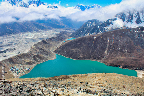 Stunning view of the emerald green Gokyo 2nd and 3rd lake, listed as Ramsar wetlands along with the sprawling Ngozumpa glacier seen from the top of Gokyo Ri in Nepal photo