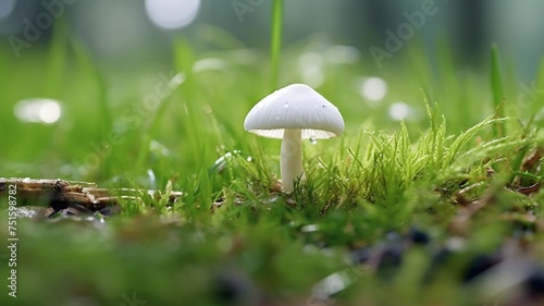 Generative AI small white one mushroom growing the grass picture