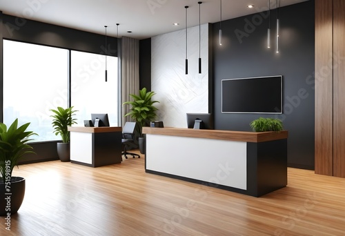 Clean wooden and concrete office interior with reception desk and sunlight. 3D Rendering