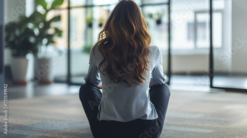 Business concept. Tired and overworked businesswoman sitting on business office floor. An employee who gets tired over long working hours.