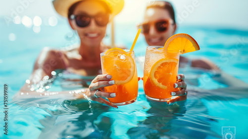 Two young women on vacation holding orange cocktails while sitting in a pool
