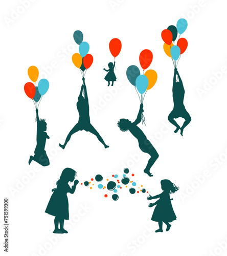 Silhouettes of children flying in balloons. hand drawing. Not AI, vector illustration