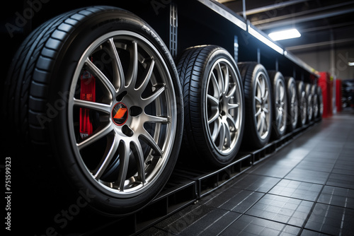 A row of tires are on display in a store. The tires are silver and black, and they are arranged in a neat row. The store has a modern and sleek design, which complements the appearance of the tires