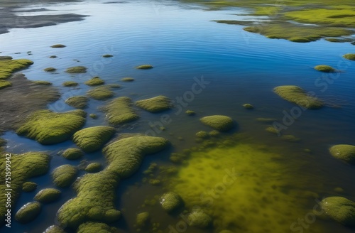 Water pollution by blooming green algae   yanobacteria is world environmental problem. Water bodies  rivers and lakes with harmful algal blooms. Ecology concept of polluted nature