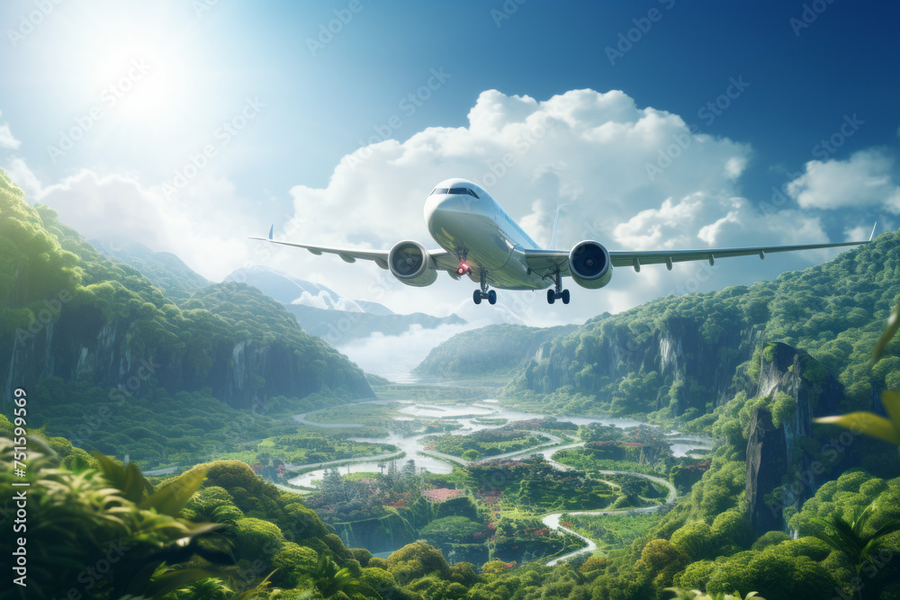 Fototapeta premium Passenger airplane flying above sky during beautiful mountain Created with Generative AI technology.