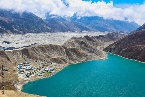 Gokyo Tsho or Dudh Pokhari is an emerald green high altitude Himalayan lake at 4700 meters,listed as a Ramsar wetland on the shores of Gokyo bordering the vast Ngozumpa glacier in Nepal photo