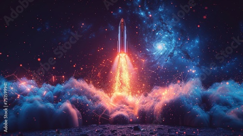 Abstract rocket launch from a smartphone. Low poly design using wireframe light connections. Blue geometric background. Isolated illustration.