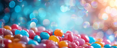 Radiant sweetscape of colorful, sugar-coated candies with a dreamy bokeh effect, casting a cheerful and magical atmosphere.