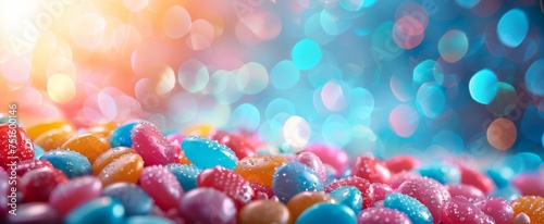 Radiant sweetscape of colorful, sugar-coated candies with a dreamy bokeh effect, casting a cheerful and magical atmosphere.