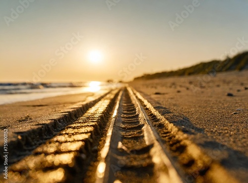 Car tires on the sand of the beach. Summer trip.