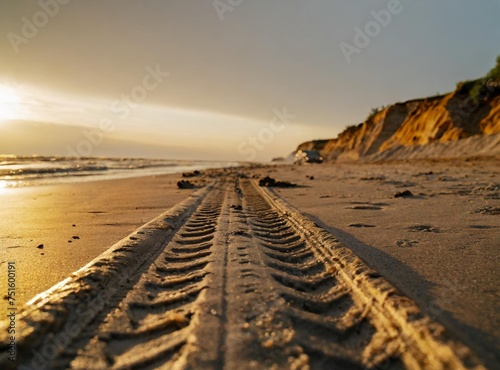 Car tires on the sand of the beach. Summer trip.