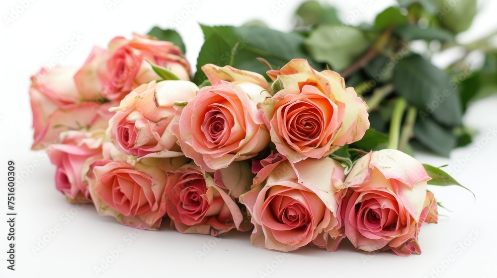 Bouquet of pink roses with soft petals and green leaves on a white background. Bouquet of pink roses with soft petals and green leaves on a white background.