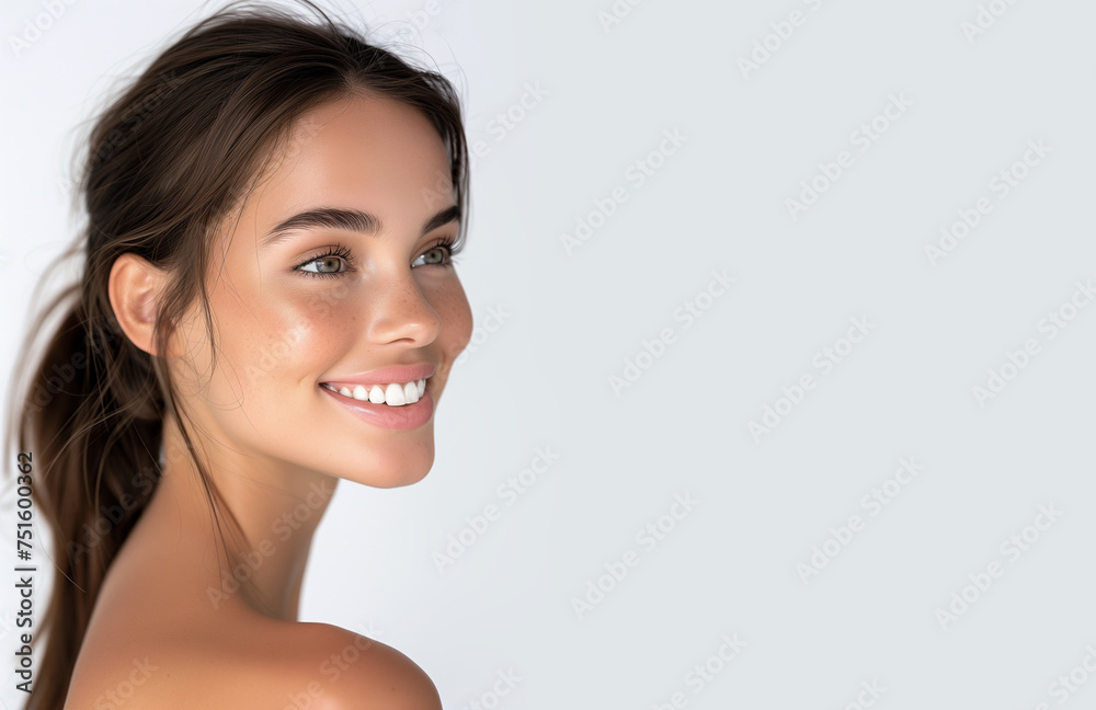 Attractive cheerful beauty model posing on light grey background, Skin care products and cosmetics ads mockup. Attractive cheerful beauty model posing on light grey background, Skin care products and cosmetics ads mockup.