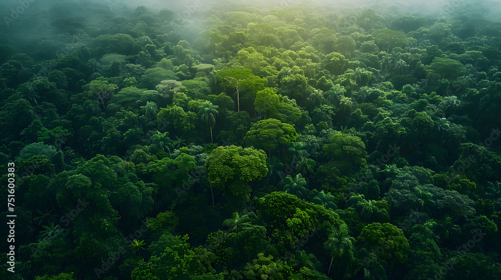 Aerial view of a verdant forest with sunlight filtering through fog