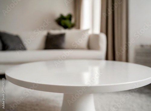 White round modern table in living room with empty space for product display/to exhibit something. interior home background. © D'Arcangelo Stock