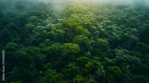 Aerial view of a verdant forest with sunlight filtering through fog