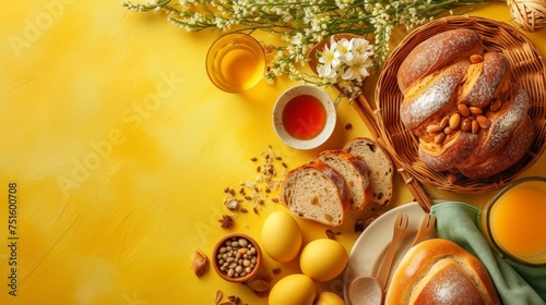 A vibrant Easter-themed table layout with colored eggs, sweet bread, and tea.