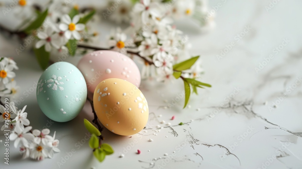 Traditional Easter  Surrounded by Pastel Eggs and Cherry Blossoms on white Background