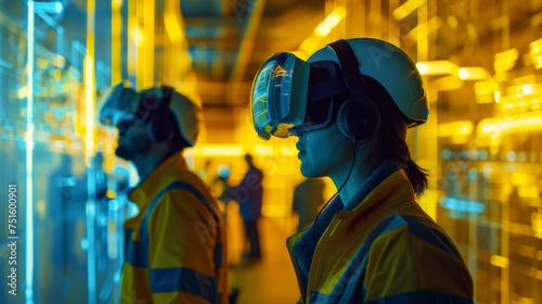 Male and female engineers using a virtual reality headset.