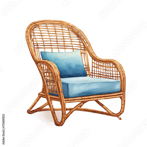  Vintage rattan peacock chair with woven details watercolor illustration, wooden chair, furniture