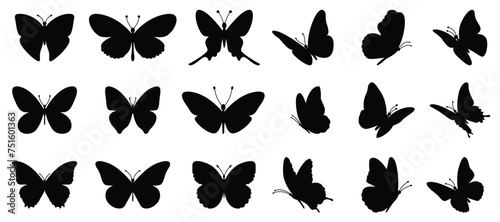 Flying butterflies silhouette black set isolated on transparent background. Vector illustration.