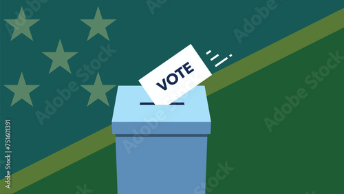 Solomon Islands Election 2024 background with ballot box and waving flag in the backdrop.