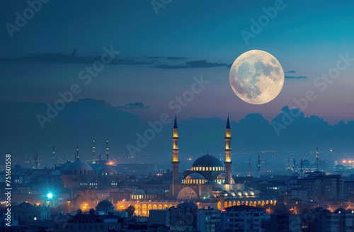 Beautiful Mosque in a Islamic City at Night With a Big Moon and Beautiful Sky