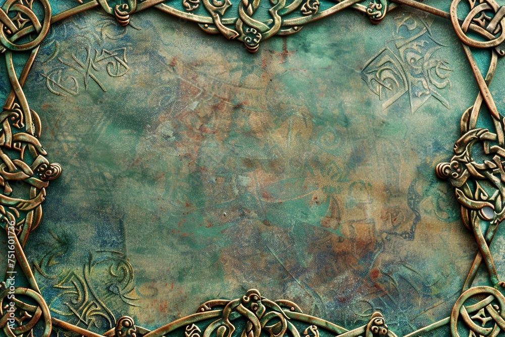 Celebrate the timeless elegance of Celtic artistry with this stunning scrapbook paper page, featuring detailed Celtic motifs and a spacious frame in the middle - obrazy, fototapety, plakaty 