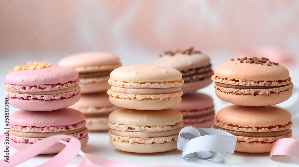 Stack of French Macarons with Ribbons and Boxes, To provide a visually appealing and appetizing image of French macarons for use in bakery, dessert,