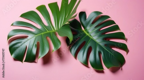 Two Monster leaves on pink background. Tropical plant  summer  jungle  botany  flora. Space for text  free space.
