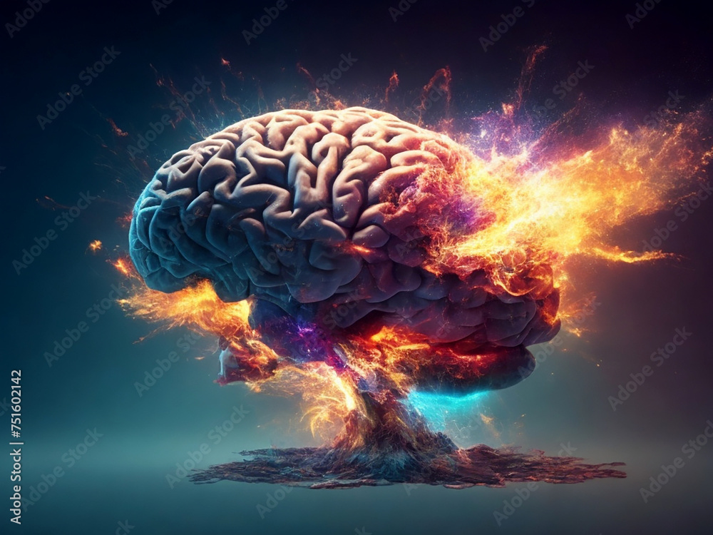 Concept art of a human brain bursting with knowledge and creativity - obrazy, fototapety, plakaty 
