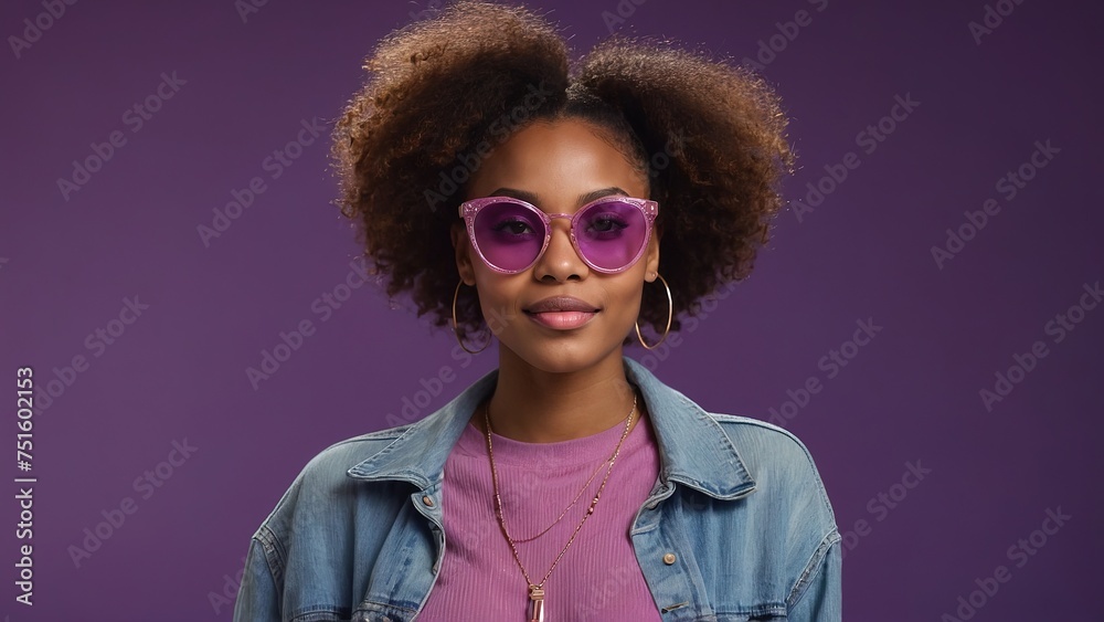 Fashion black woman wear stylish pink glasses and clothes