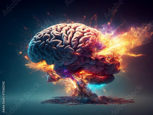 Concept art of a human brain bursting with knowledge and creativity