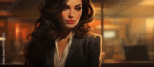 A detailed painting showcasing a beautiful businesswoman confidently posing in a tailored suit, exuding professionalism and sophistication. The womans attire and expression reflect power and