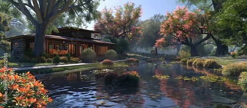 Tranquil Japanese-inspired 3D house scene with pond and garden  To provide a high-quality  visually appealing  and tranquil 3D scene for use in