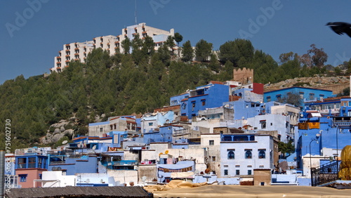 Blue and white buildings in the medina, on the side of a hill, in Chefchaouen, Morocco © Angela