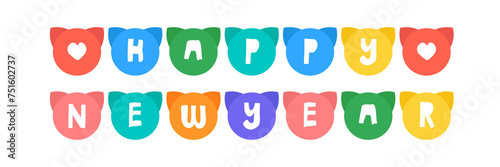 Cute cat garland for Happy newyear in colorful illustration style.