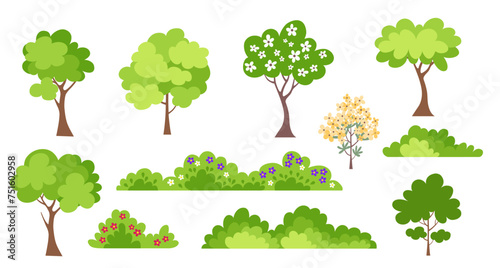 Green trees flat vector illustration. Spring time trees.