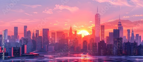 Vibrant Sunset City Illustration, To provide a visually appealing and high-quality cityscape image for use as a wallpaper or digital background, photo