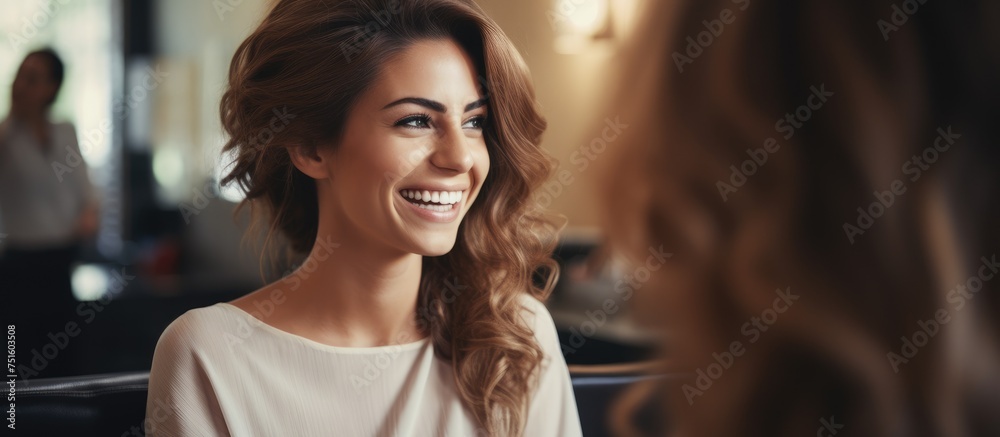 A woman with a friendly smile engages in conversation with another woman, likely her hair stylist, during a consultation. They appear relaxed and engaged in discussion.