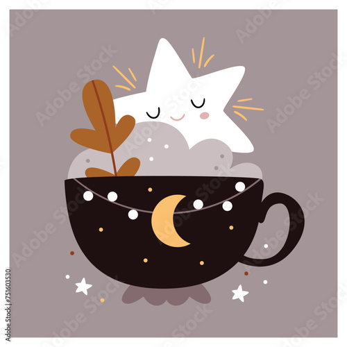 Cute star in a cup.A cute kids illustration about sleep and night.