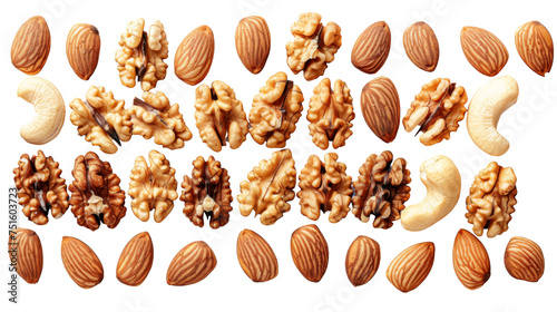 Assortment of nuts laid out on a white background photo