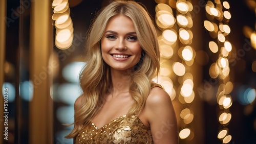 Blonde woman with beautiful make up and straight hair style wearing gold dress