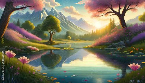 Detailed illustration of landscape with lake, mountains, green forest and blooming flowers.