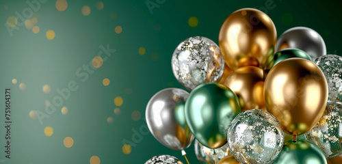 A cluster of shimmering silver and gold balloons, floating gracefully against a deep emerald green background