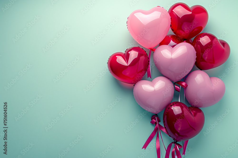 :A vibrant arrangement of heart-shaped balloons in various shades of red and pink, gracefully tied