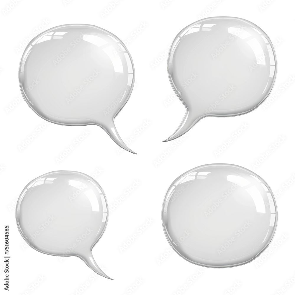 Glossy White Speech Bubbles. a set of four glossy white speech bubbles on a light background, providing a modern and clean space for custom text. Glossy White Speech Bubbles. a set of four glossy white speech bubbles on a light background, providing a modern and clean space for custom text.