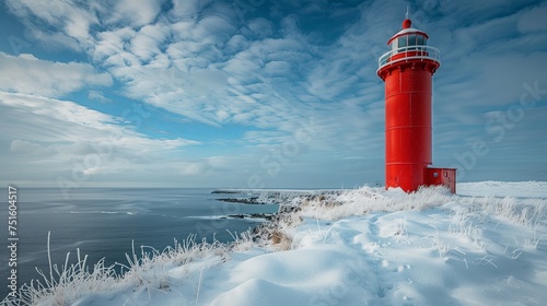 Lighthouse with blue sky and sea. in winter with snow cover the ground.