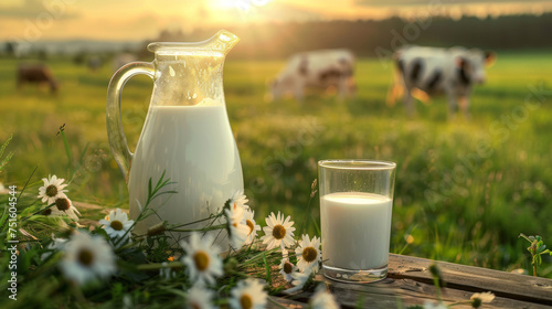 broc rempli de lait avec un verre et des pâquerettes posées sur une table en bois, vaches dans un pré à l'arrière plan